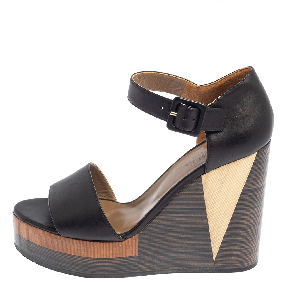 

Hermes Dark Brown Leather D'Orsay Wedge Sandals Size