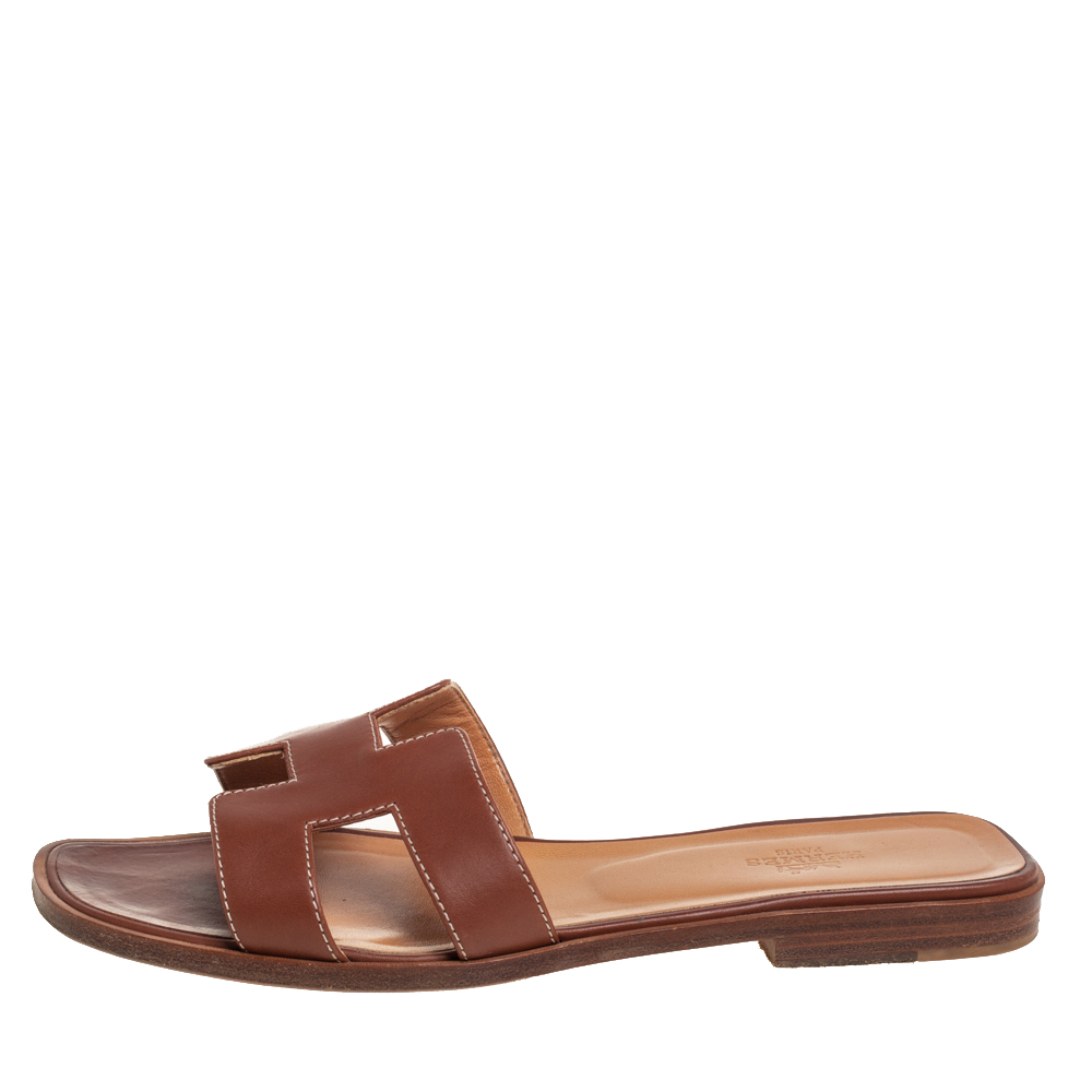 

Hermes Brown Leather Oran Flat Sandals Size