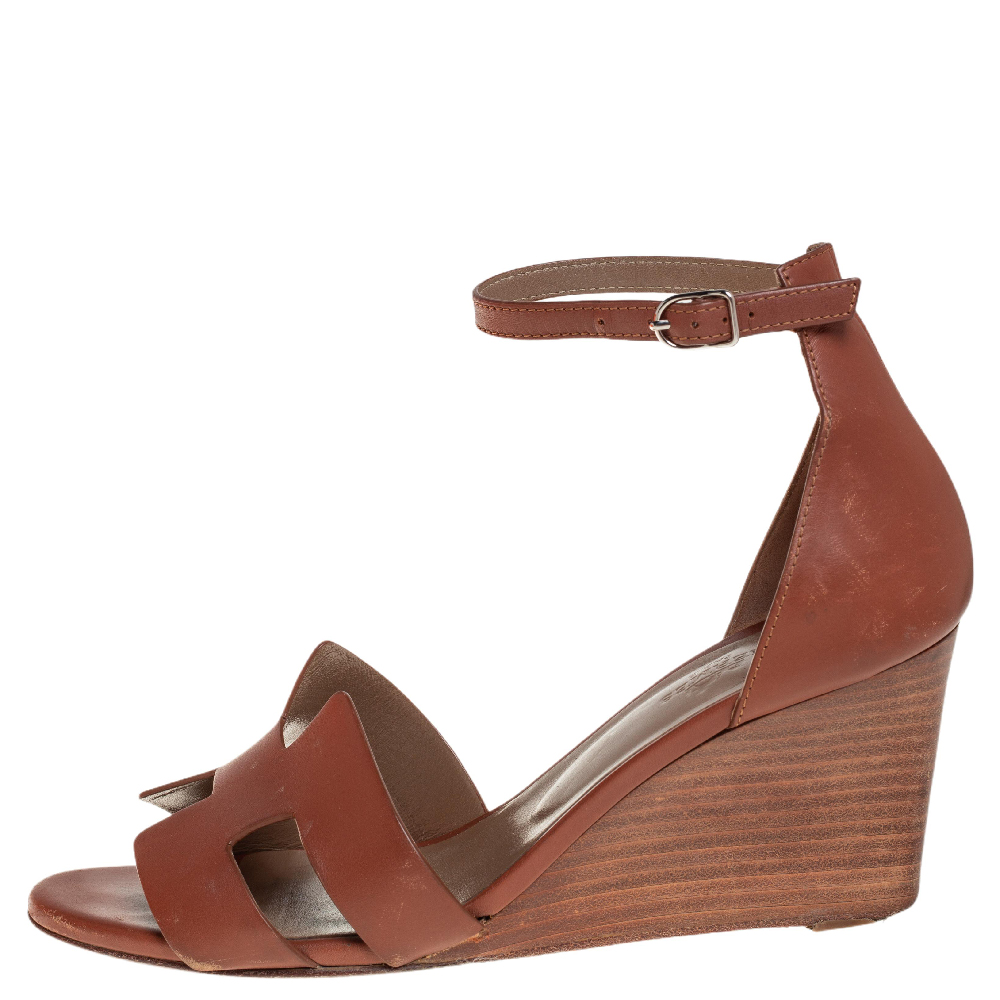 

Hermes Brown Leather Legend Wedge Ankle Strap Sandals Size