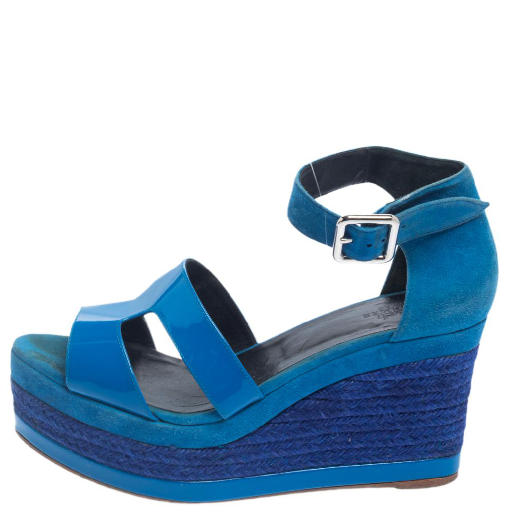 

Hermes Blue Suede And Patent Leather Ilana Espadrille Wedge Sandals Size