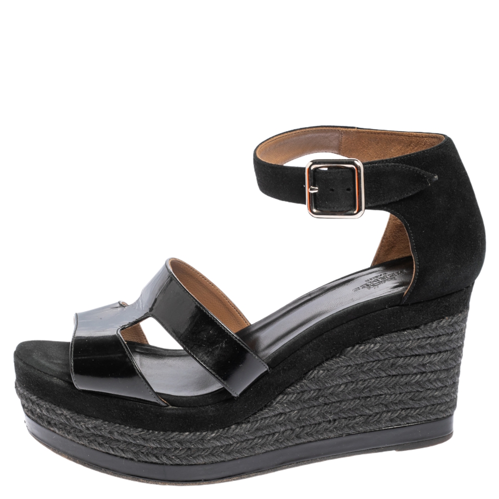 

Hermes Black Patent Leather And Suede Ilana Espadrille Wedge Sandals Size