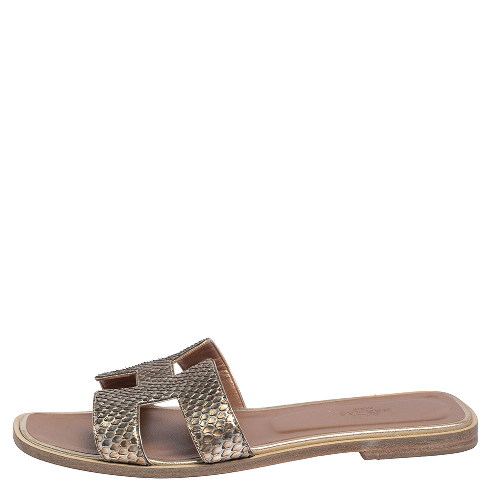 

Hermes Metallic Gold Python Leather Oran Sandals Size