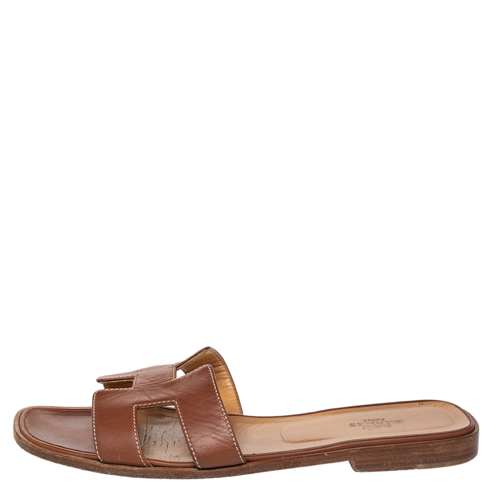 

Hermes Brown Leather Oran Flat Sandals Size