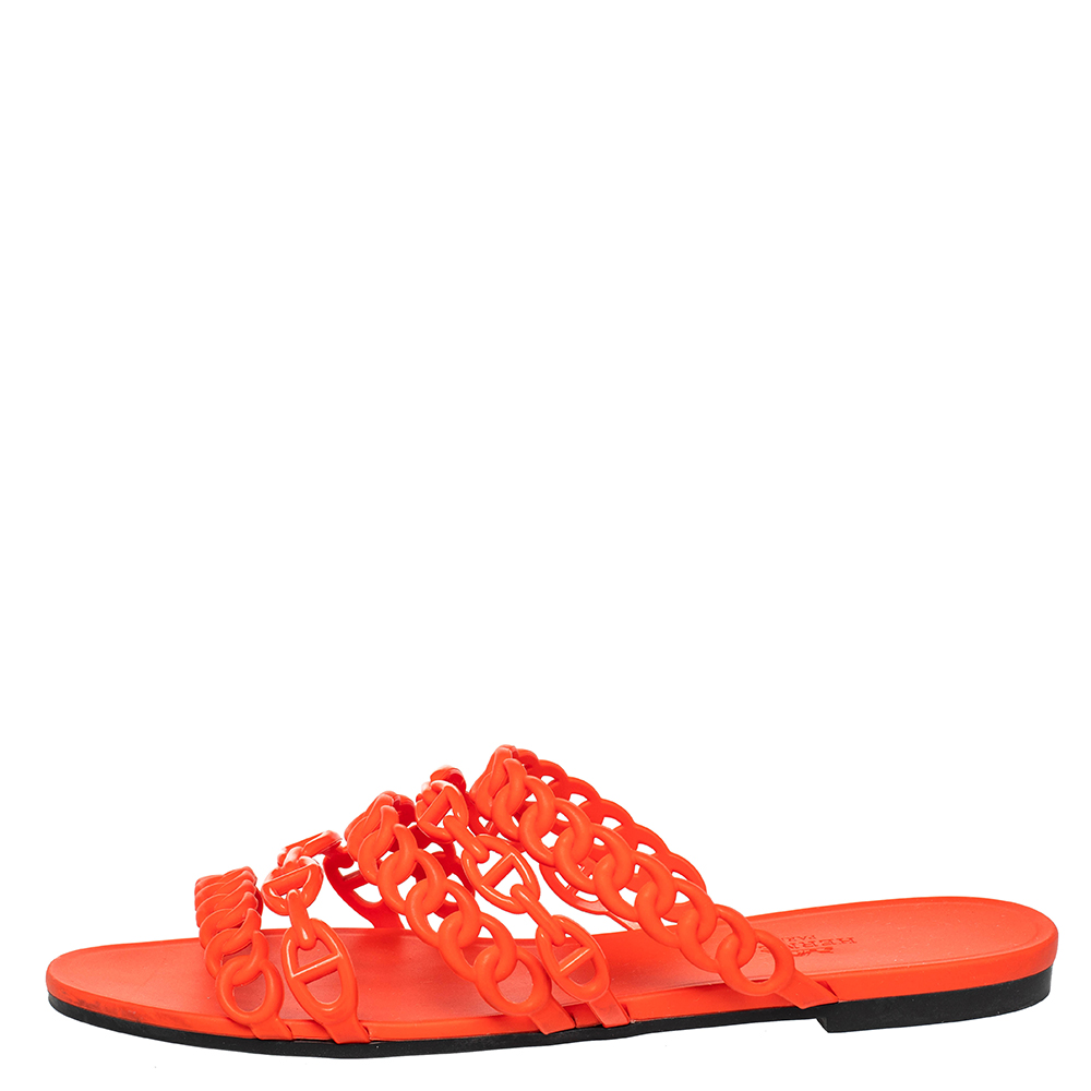 

Hermes Orange Rubber Chain-Link Thalassa Slide Sandals Size