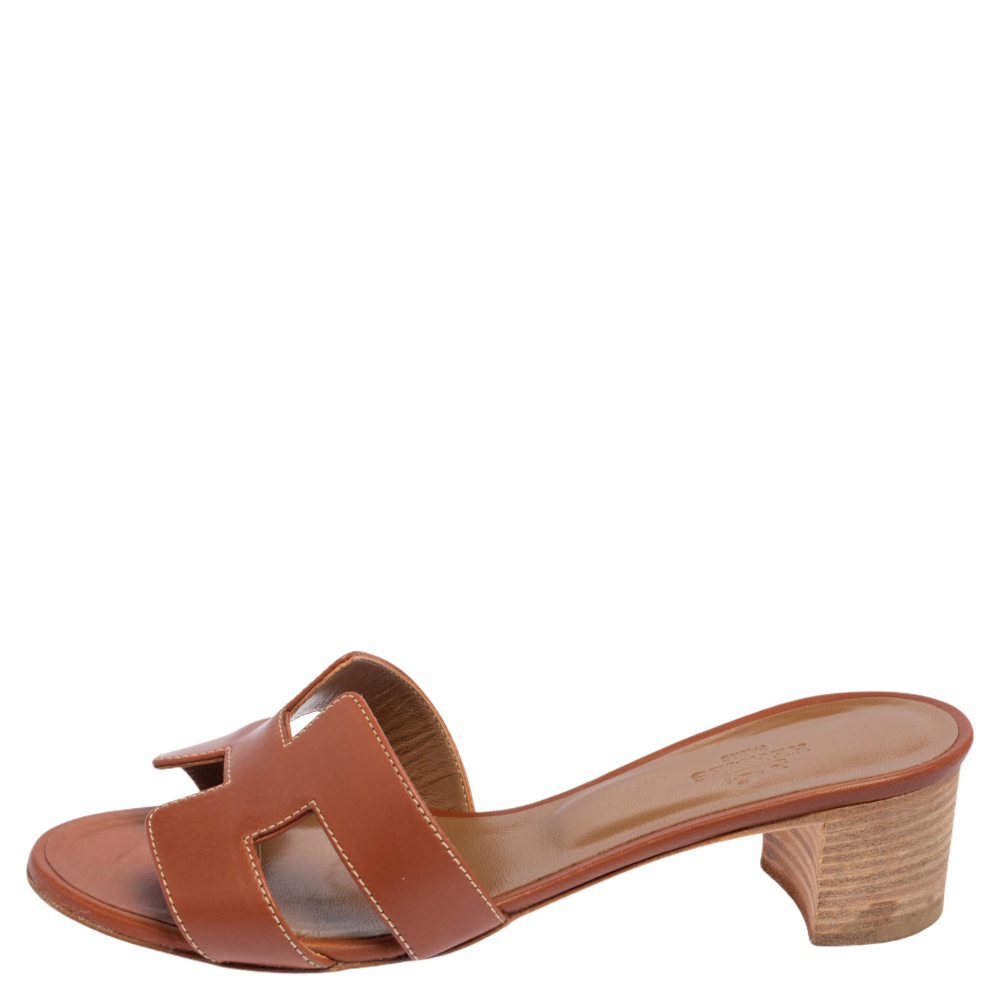 

Hermes Brown Leather Oasis Block Heel Slide Sandals Size