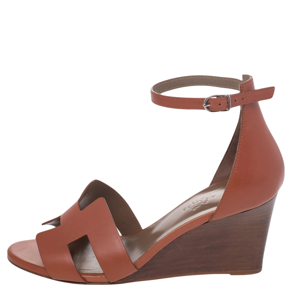 

Hermes Brown Leather Legend Ankle Strap Wedge Sandals Size