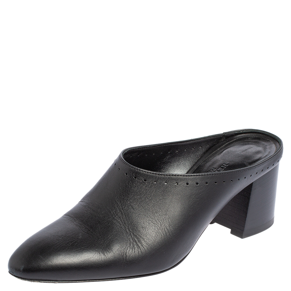 HERMES BLACK LEATHER TROT MULE SANDALS SIZE 38.5