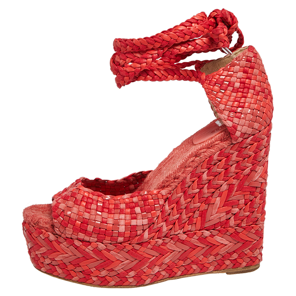 

Hermes Red/Pink Leather And Suede Epice Tresse Espadrille Wedge Sandals Size