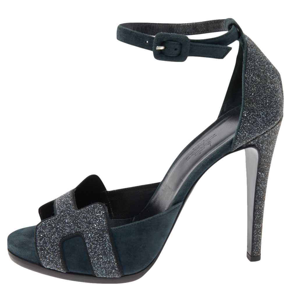 

Hermes Blue Suede and Glitter Ankle Strap Sandals Size