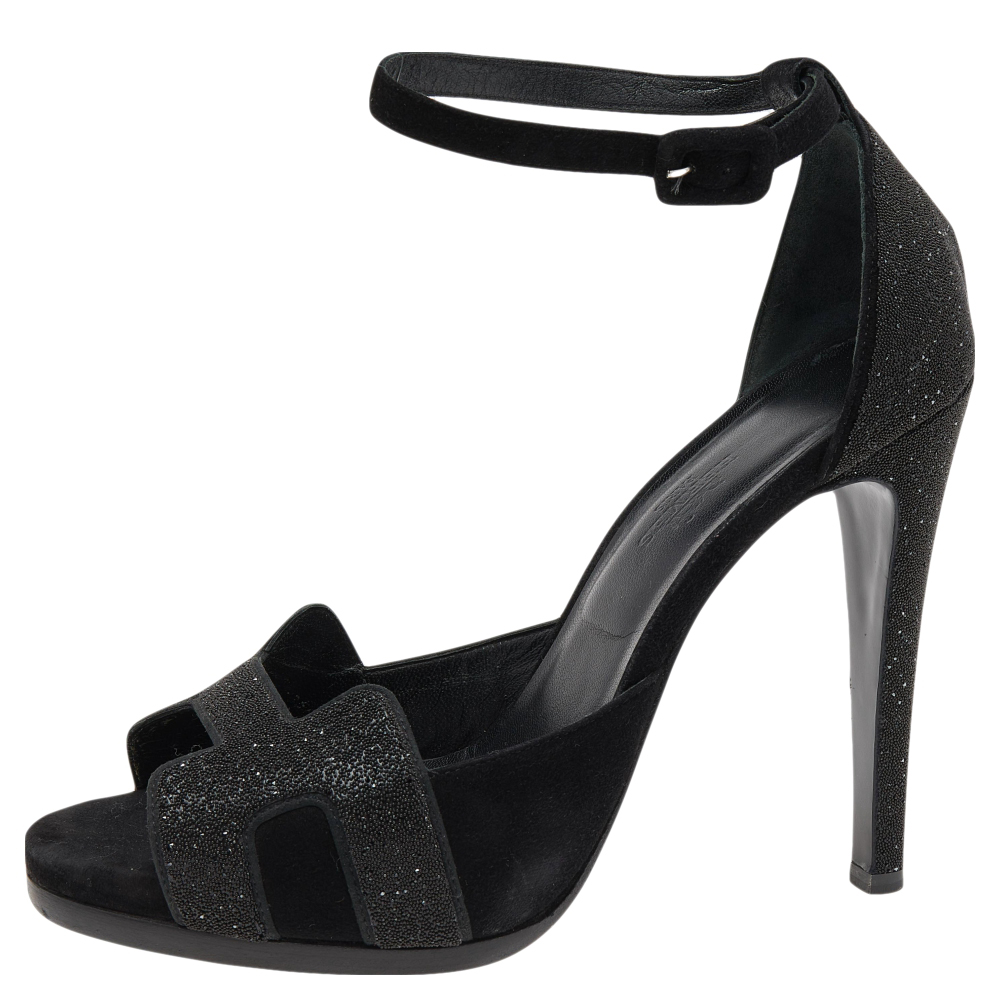 

Hermes Black Suede Embellished Ankle Strap Sandals Size
