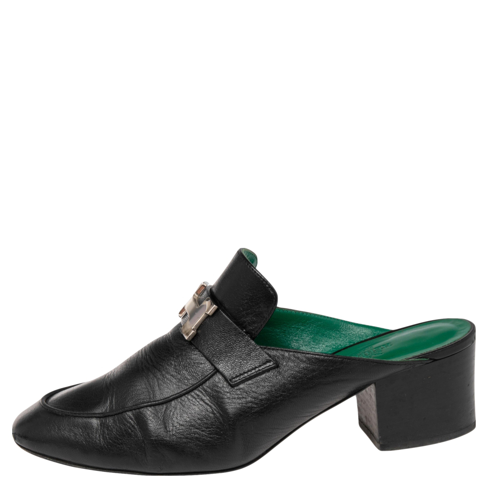 

Hermes Black Leather Tuileries Block Heel Mules Size