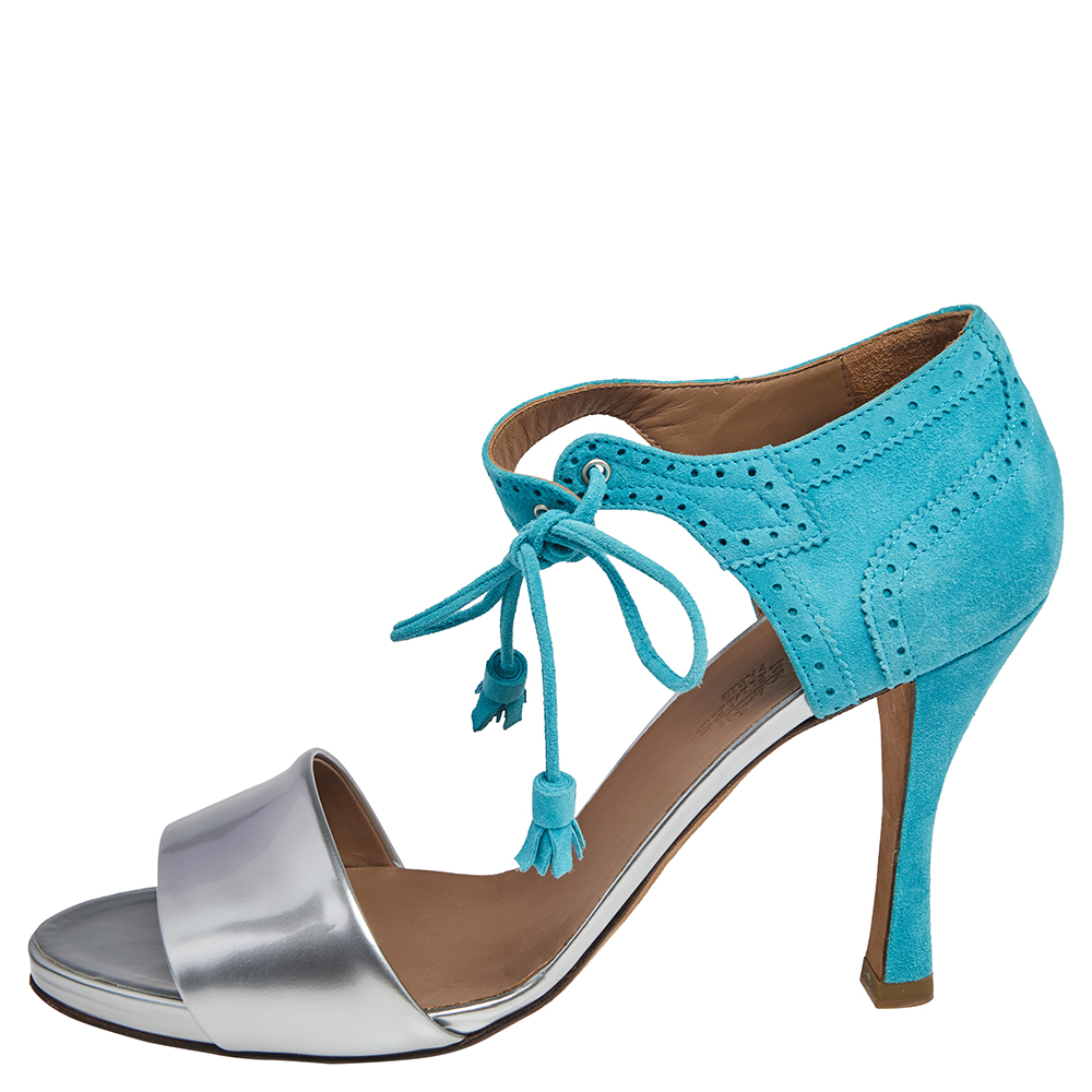 

Hermes Turquoise/Silver Brogue Suede and Patent Leather Ankle Wrap Sandals Size