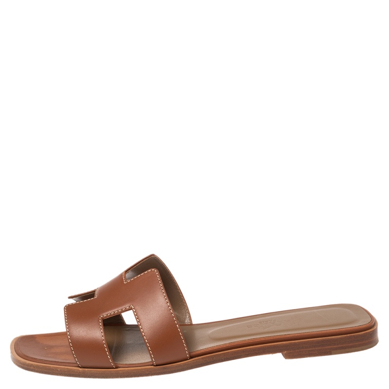 

Hermes Gold Leather Oran Flat Slides Size, Brown