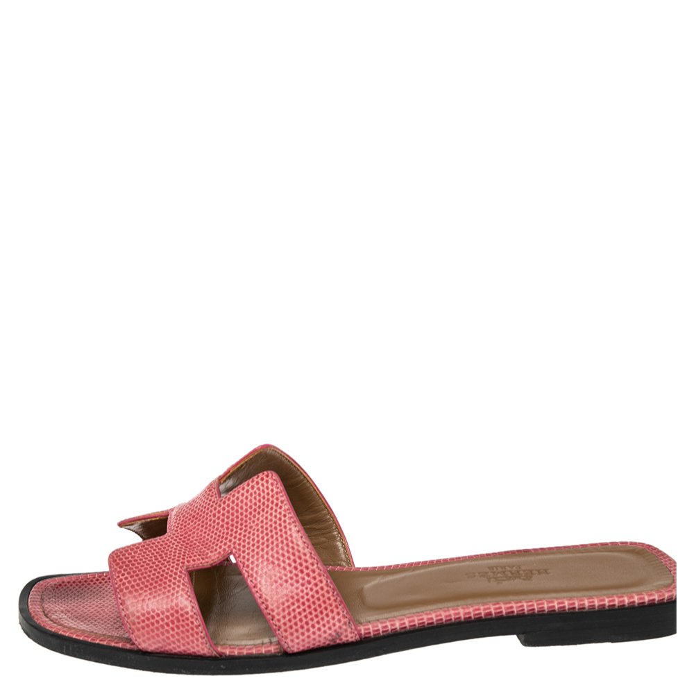 

Hermes Pink Lizard Embossed Leather Oran Sandals Size