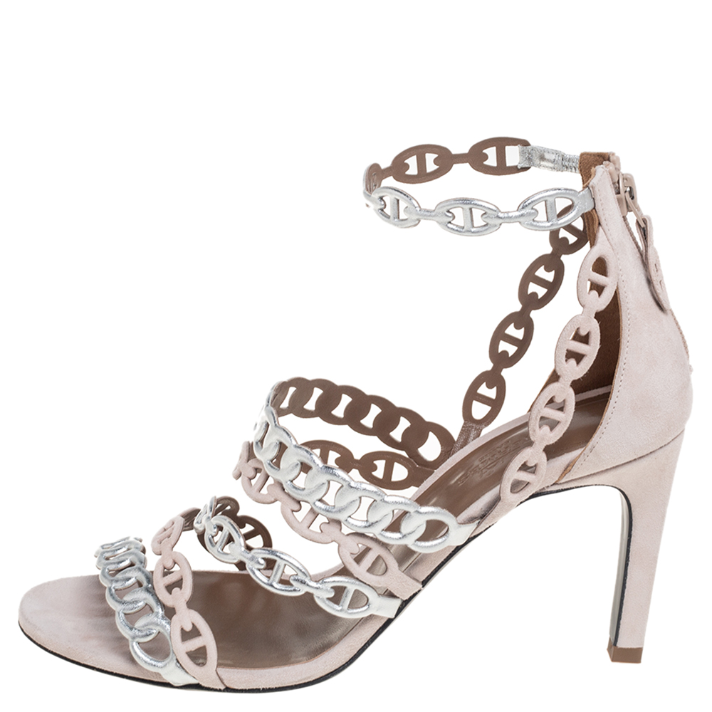 

Hermes Silver/Beige Suede And Leather Chaine D'Ancre Sandals Size