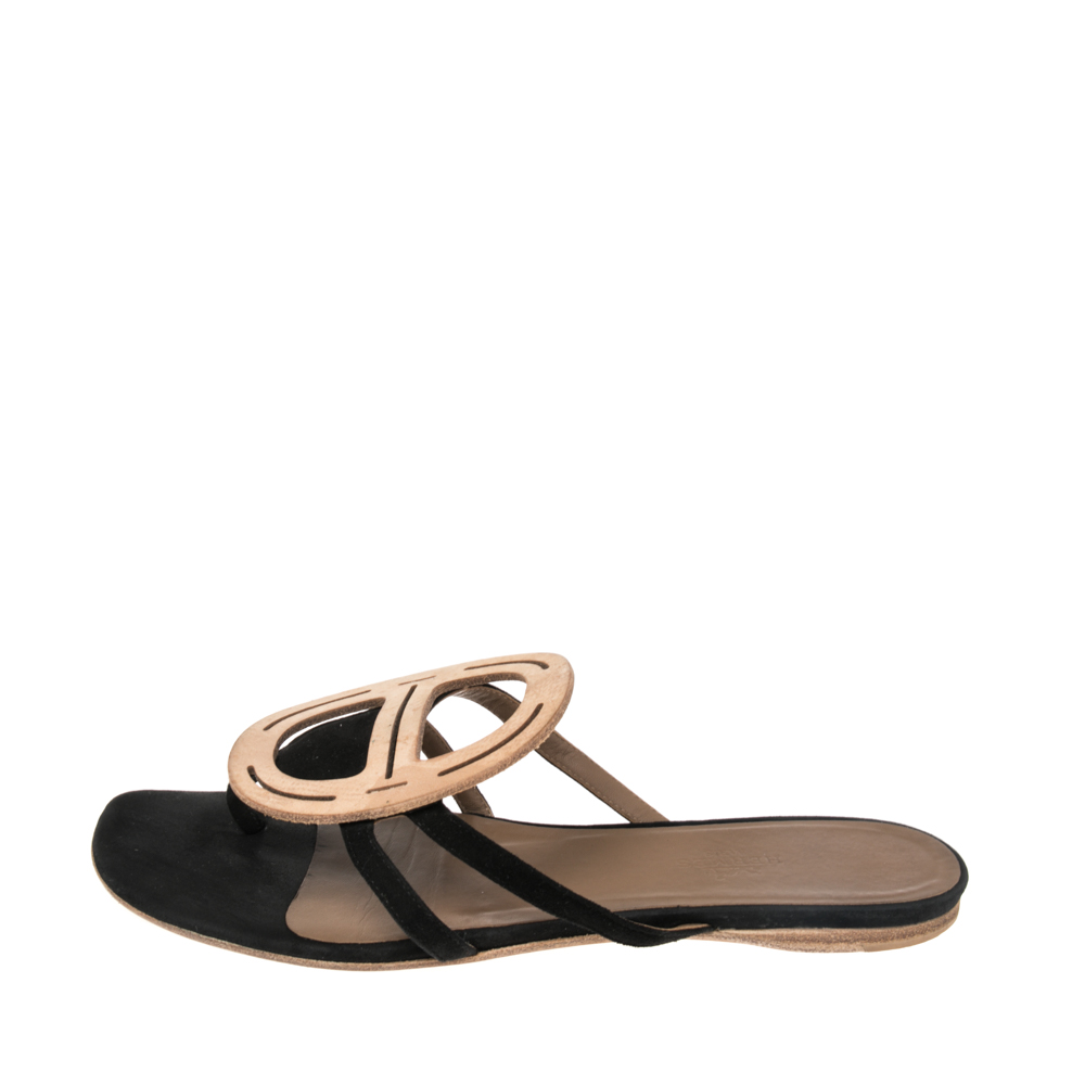 

Hermes Black Leather And Suede Galet Chaine D'Ancre Flat Sandals Size