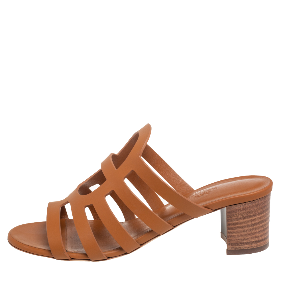 

Hermes Brown Leather Block Heel Mule Sandals Size