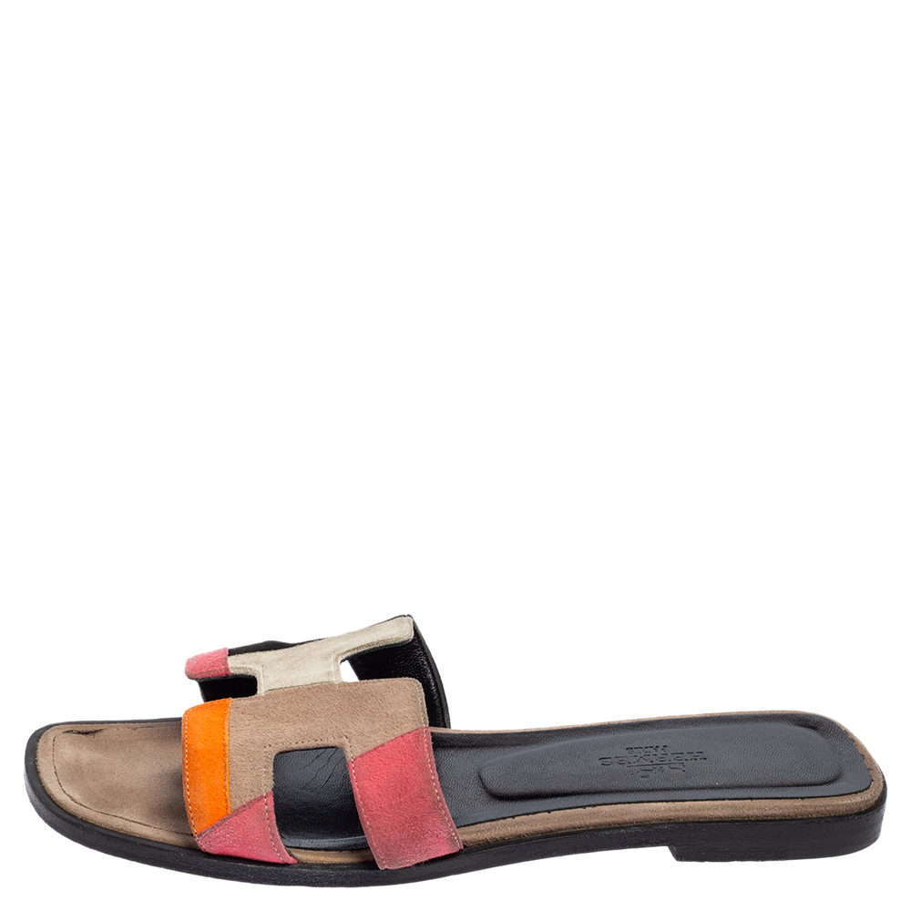 

Hermes Multicolor Patch Suede Oran Flat Slides Size