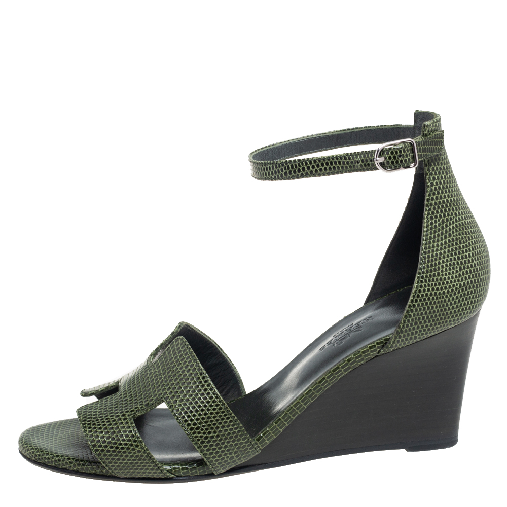 

Hermes Green Lizard Leather Legend Wedge Ankle Strap Sandals Size