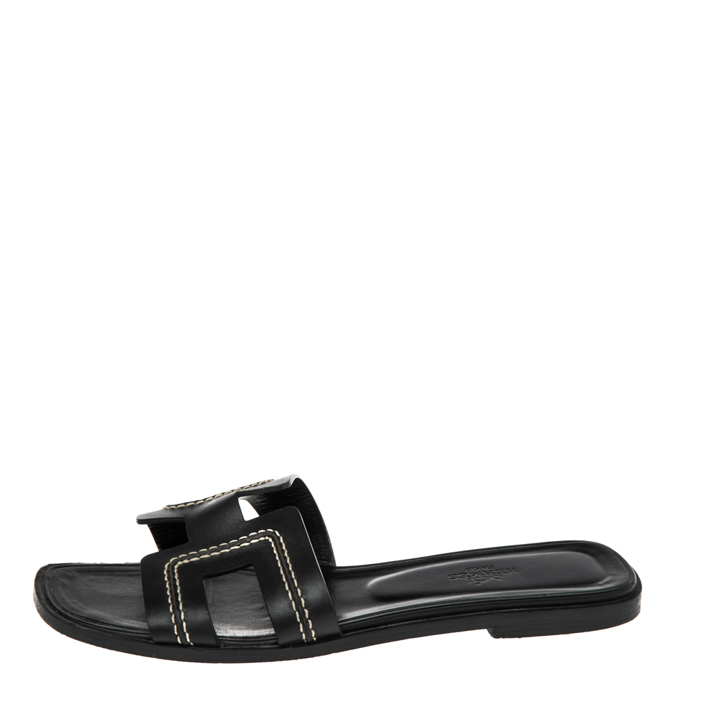 

Hermes Black Leather H Stitched Detail Oran Flats Sandals Size