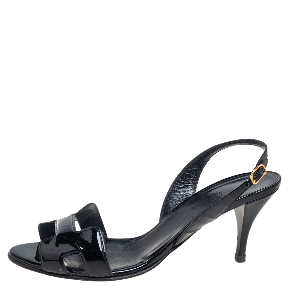 

Hermes Black Patent Leather Night Slingback Sandals Size
