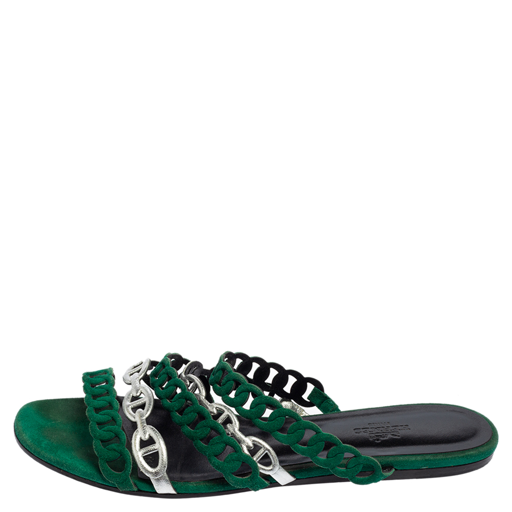 

Hermes Green/Silver Leather And Suede Chaine D'ancre Flat Sandals Size