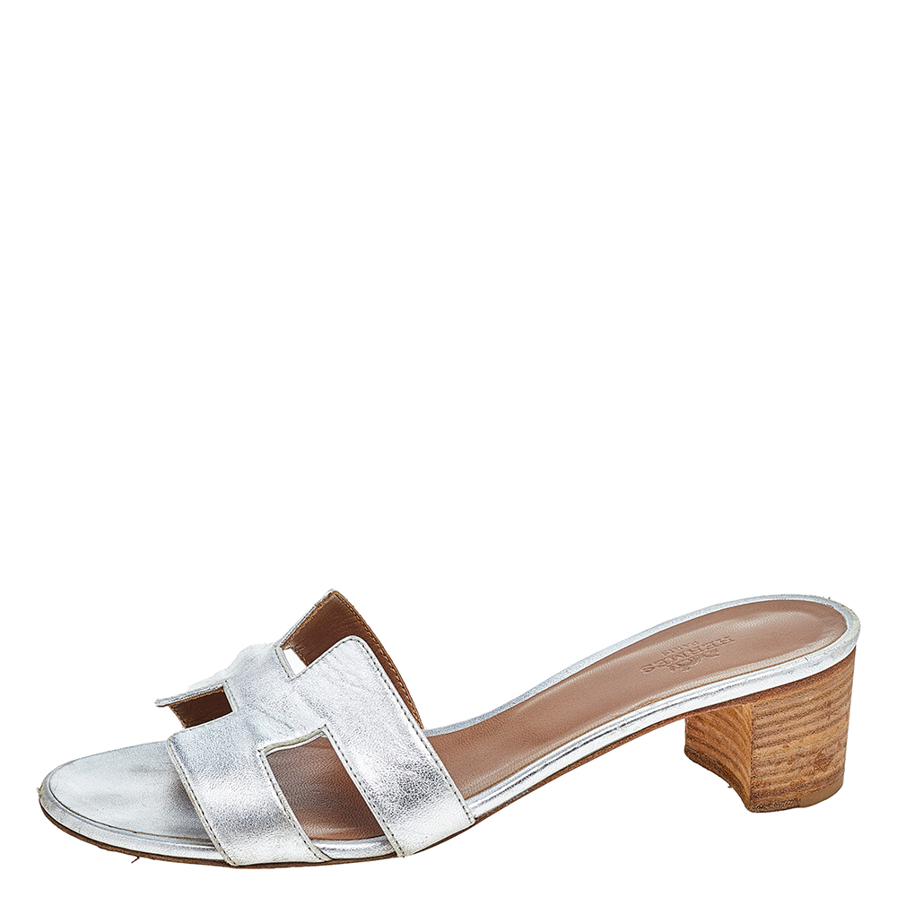 

Hermes Silver Leather Oasis Slide Sandals Size