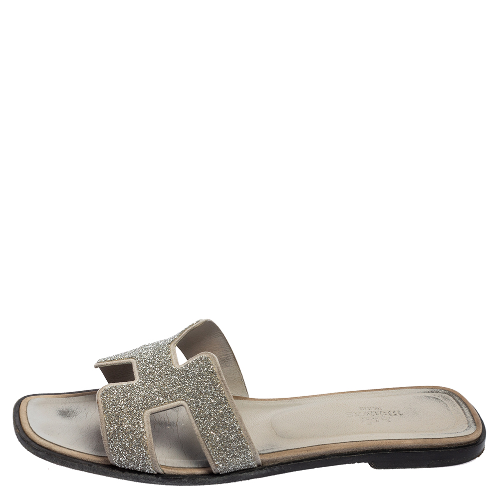 

Hermes Grey/Silver Glitter Oran Slide Flats Size