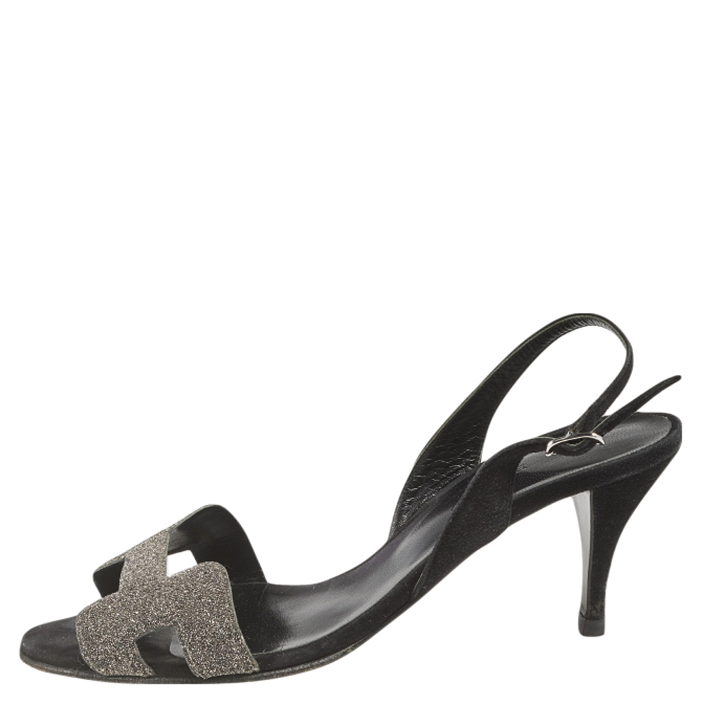 

Hermes Black/Silver Glitter and Suede Night Slingback Sandals Size