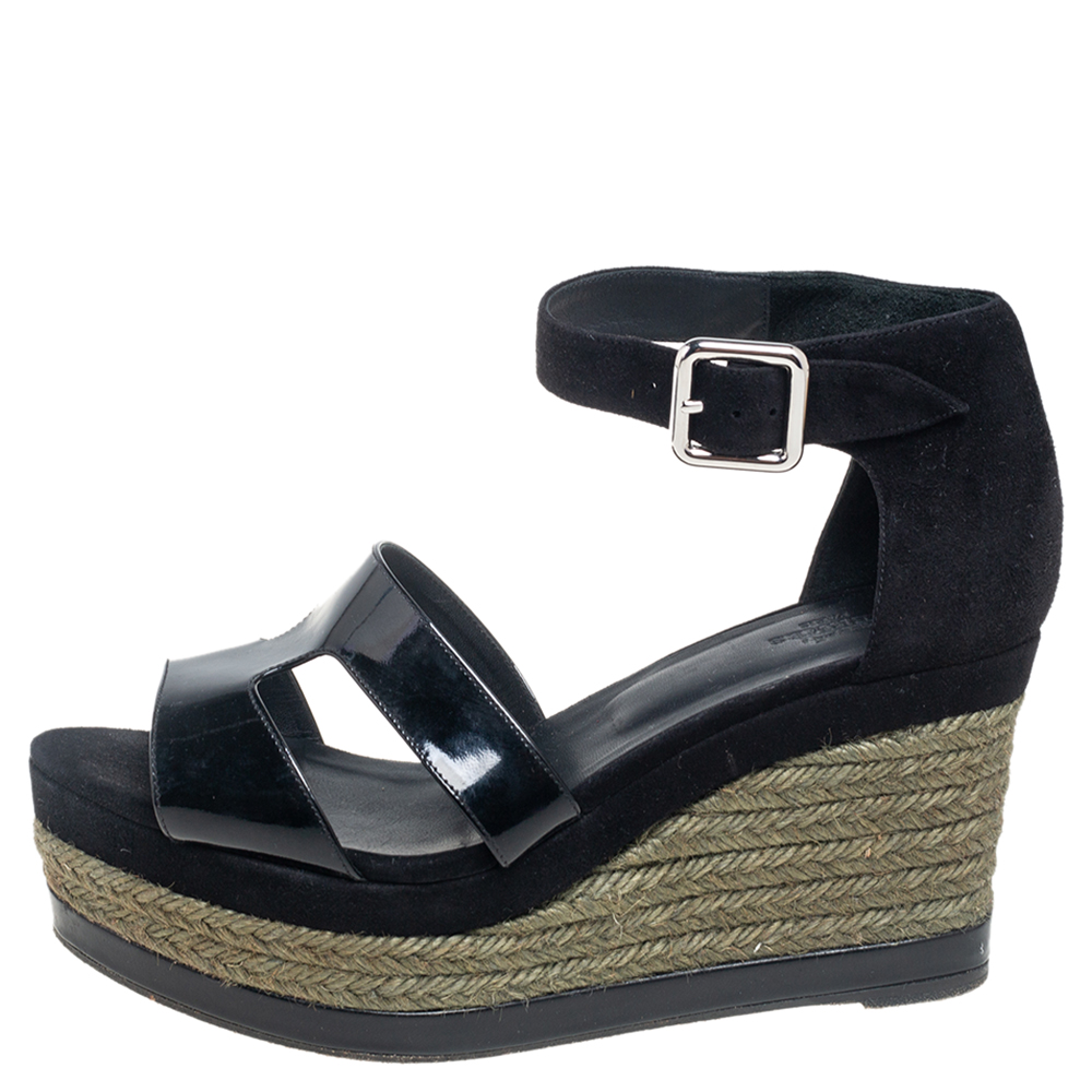 

Hermes Black Suede and Patent Leather Ilana Espadrille Wedge Sandals Size