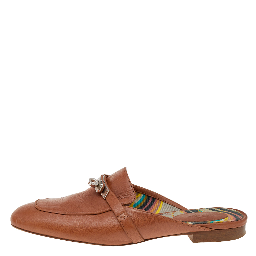 

Hermés Brown Leather Palladium Plated Oz Mules Size