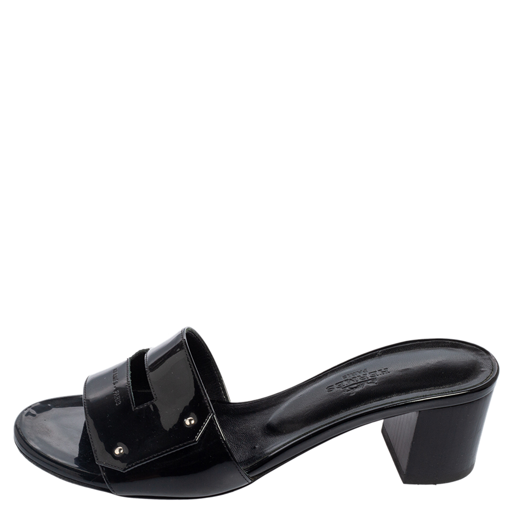 

Hermes Black Patent Leather View Slide Sandals Size