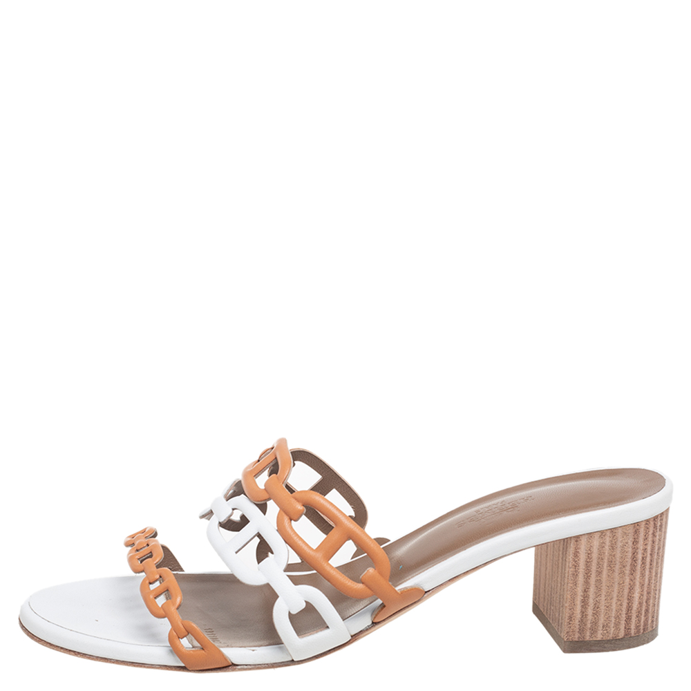 

Hermés White/Brown Leather Tandem Slide Sandals Size