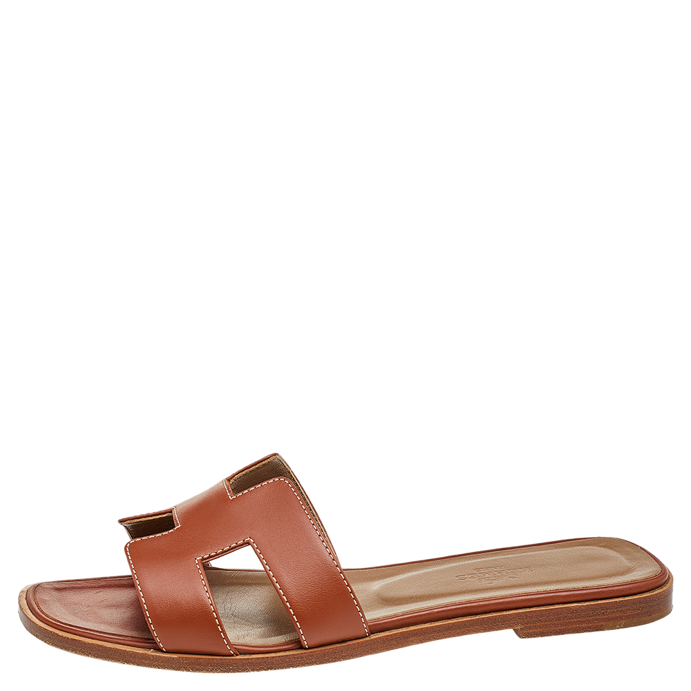 

Hermes Brown Leather Oran Flat Sandals Size