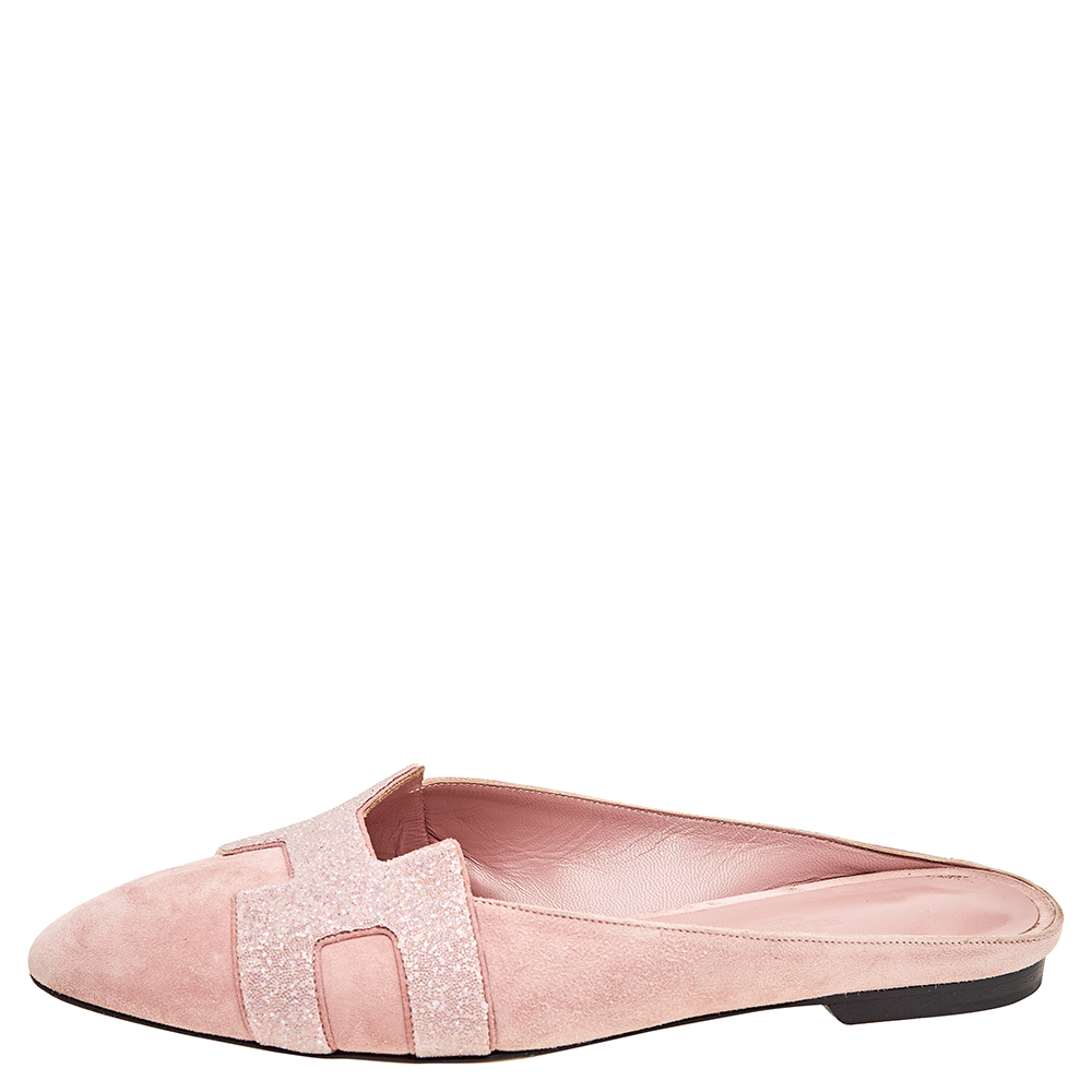 

Hermés Pink Suede And Glitter Roxane Mule Flats Size