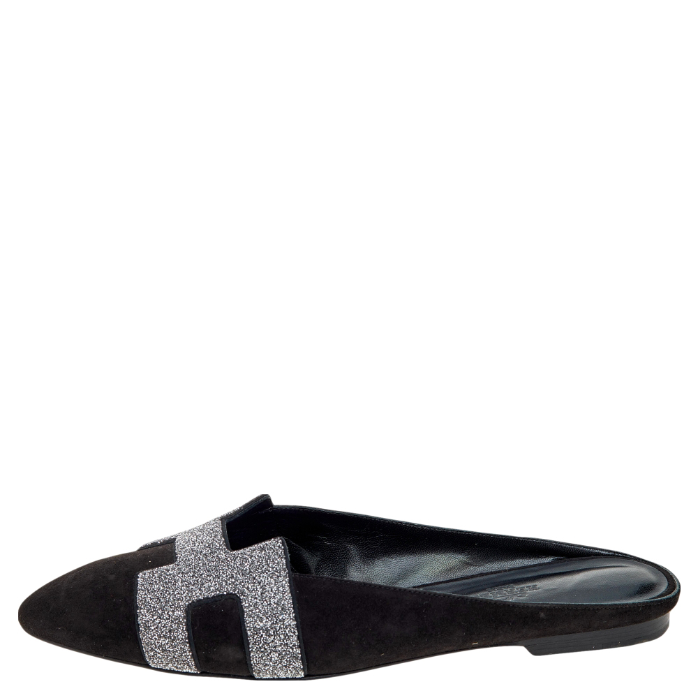 

Hermes Black Suede And Glitter Roxane Mule Flats Size
