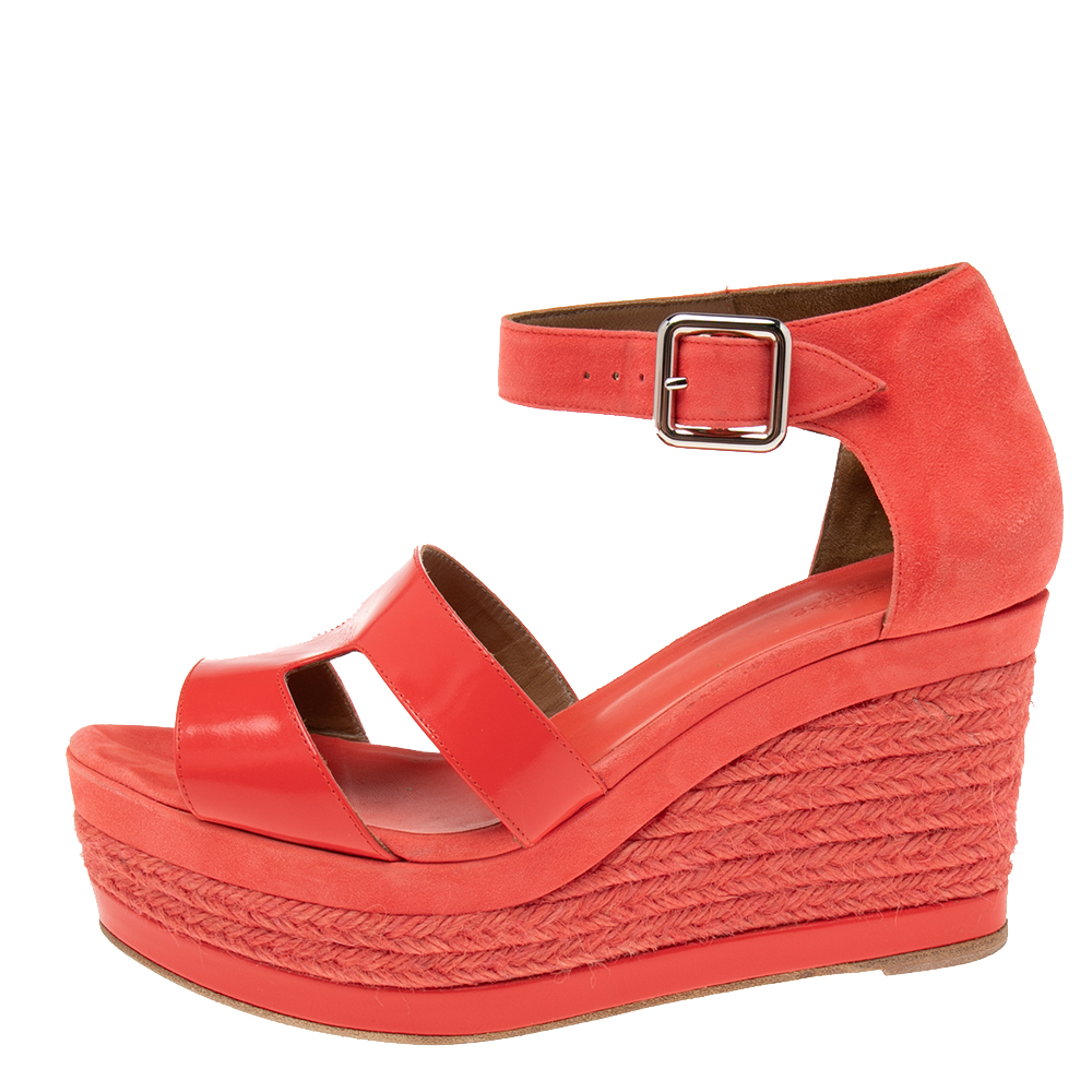 

Hermes Coral Pink Patent Leather and Suede Ilana Espadrille Wedge Sandals Size