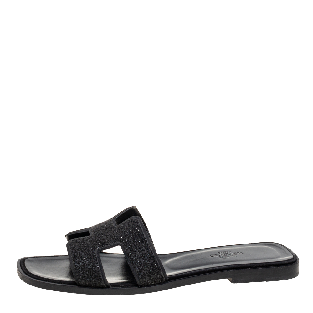 

Hermes Black Crystal Suede Oran Flat Slides Size