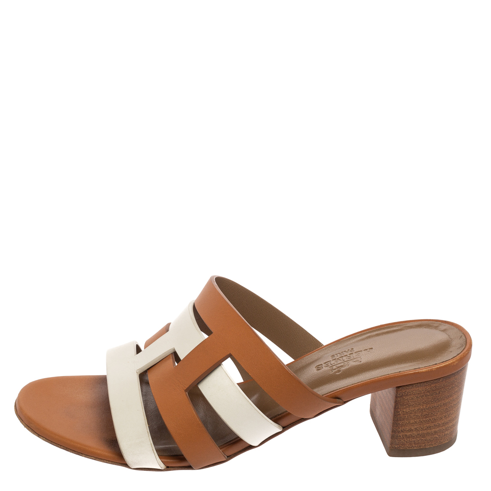 

Hermes Brown/White Leather Amore Sandals Size, Beige