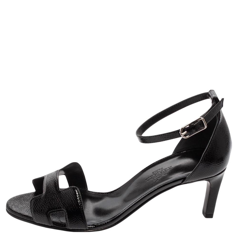 

Hermes Black Patent Leather Premiere Ankle-Strap Sandals Size