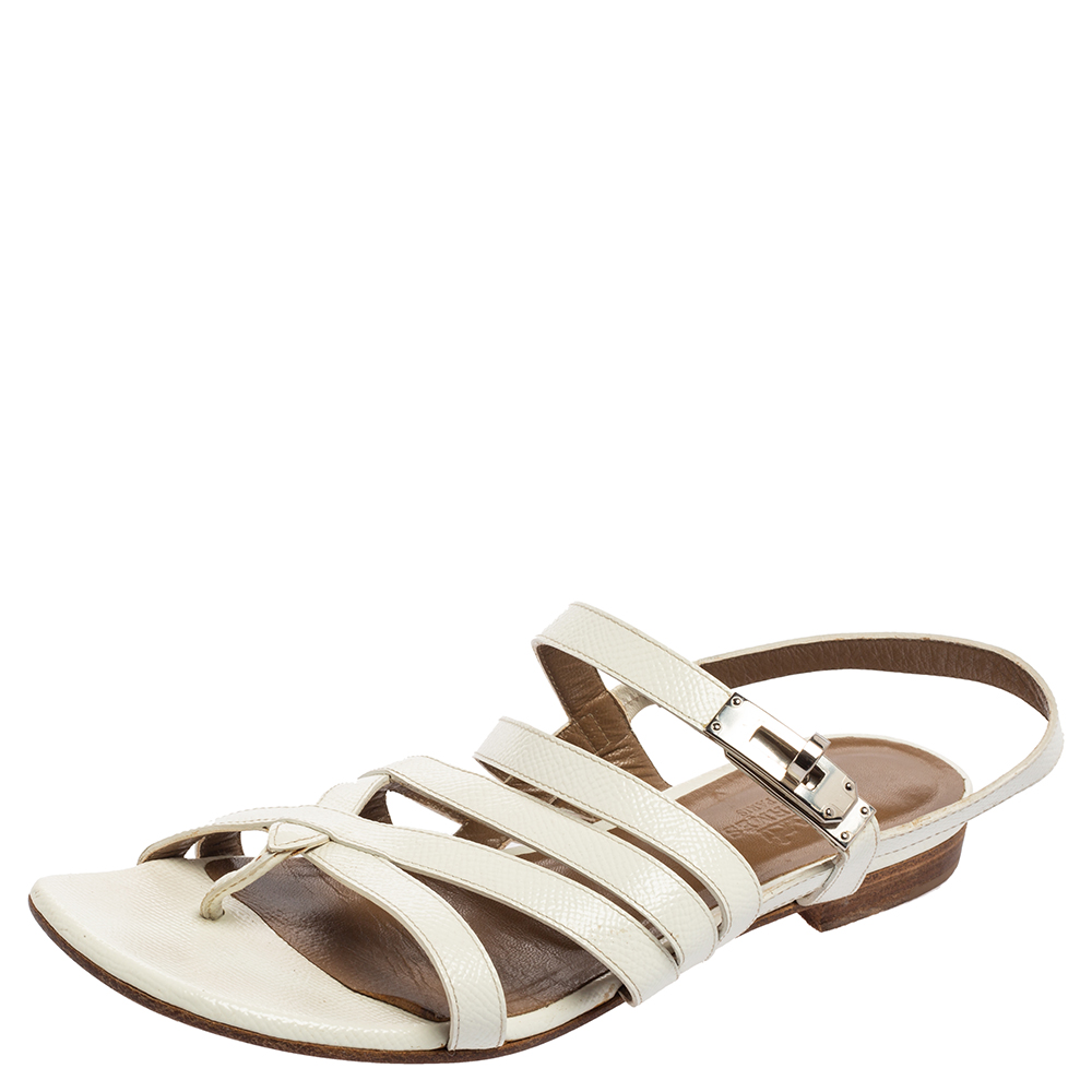 

Hermes White Patent Leather Marine Strappy Flat Sandals Size