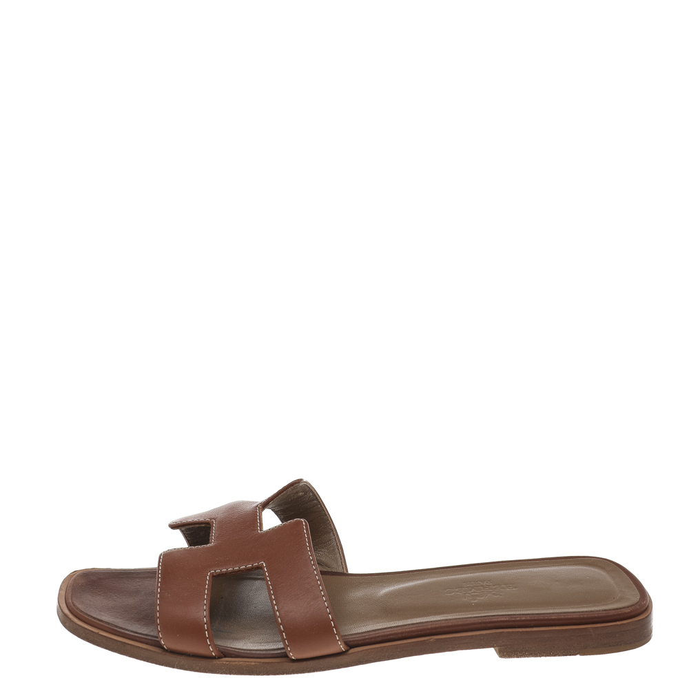 

Hermes Brown Leather Oran Flat Sandals Size