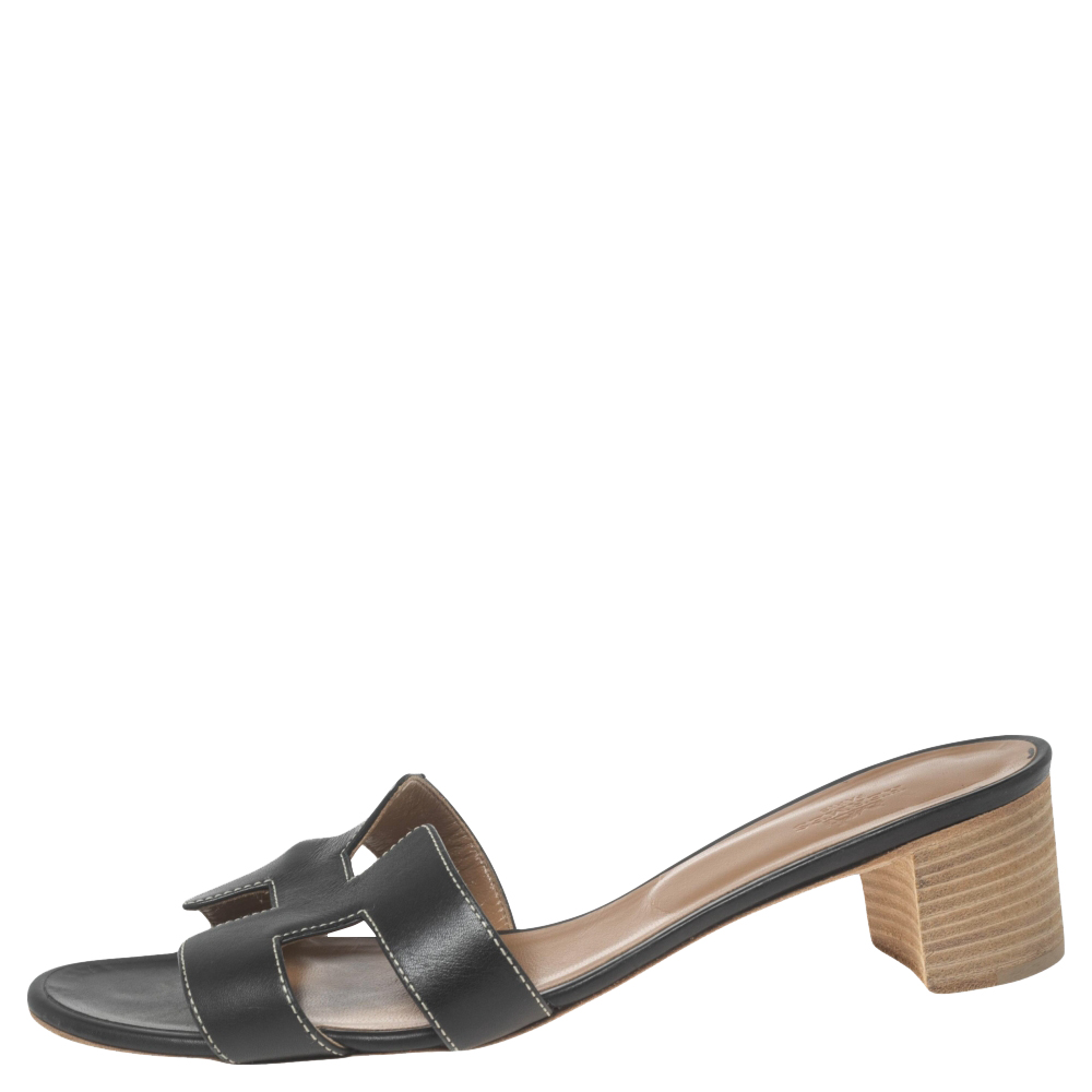 

Hermes Black Leather Oasis Block Heel Slide Sandals Size