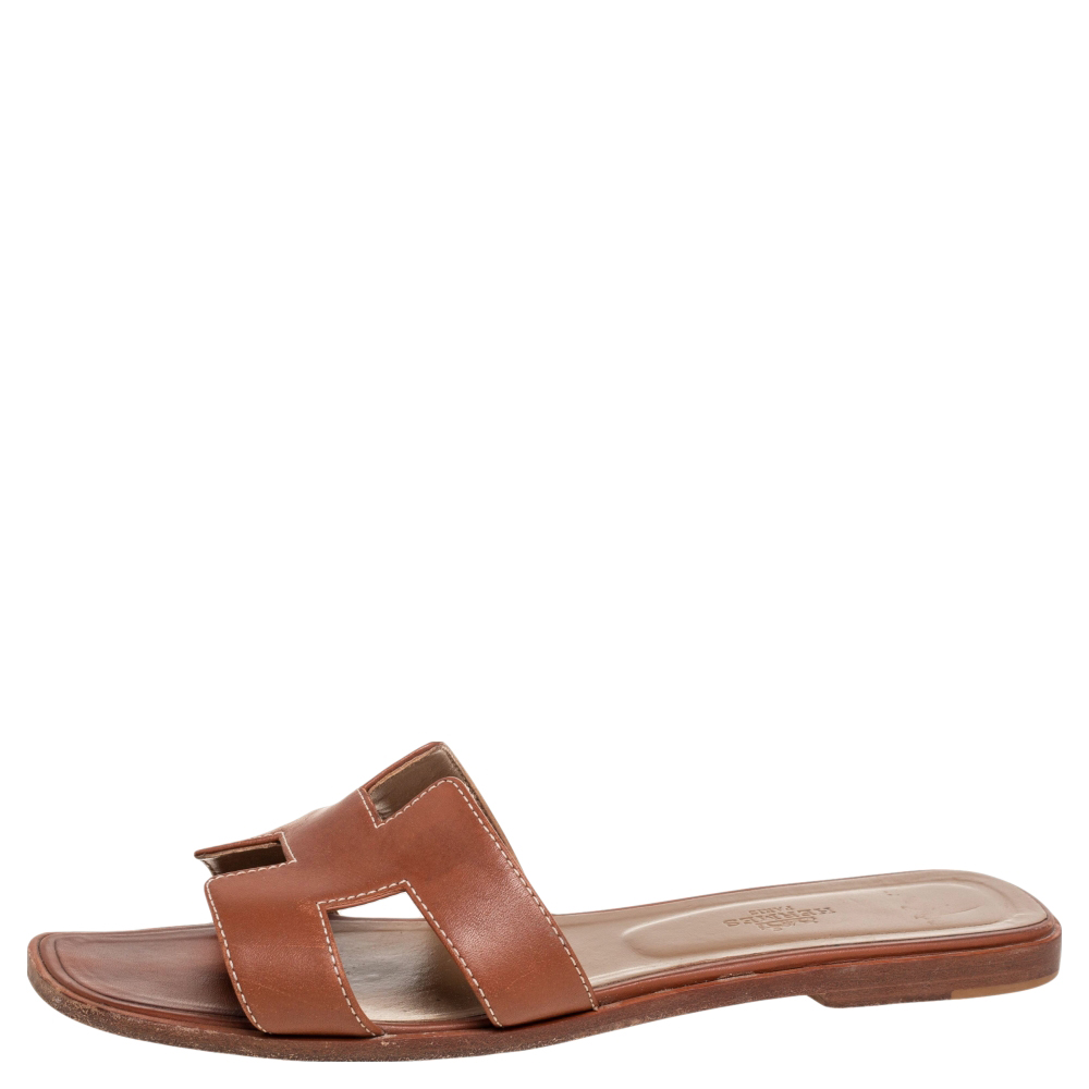 

Hermes Brown Leather Oran Sandals Size