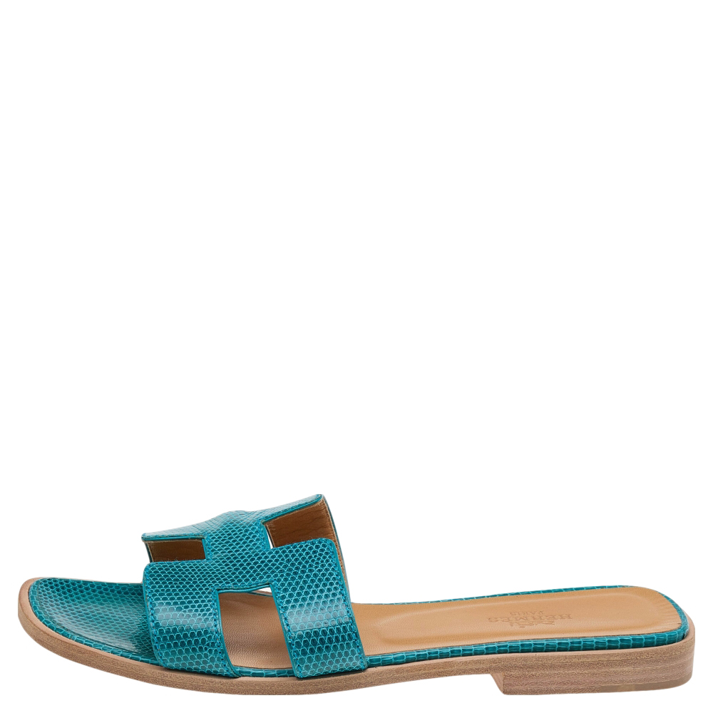 

Hermes Blue Lizard Leather Oran Flat Slides Size