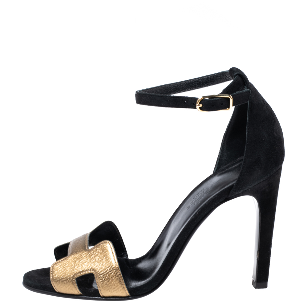 

Hermes Gold/Black Leather and Suede Premiere Ankle-Strap Sandals Size