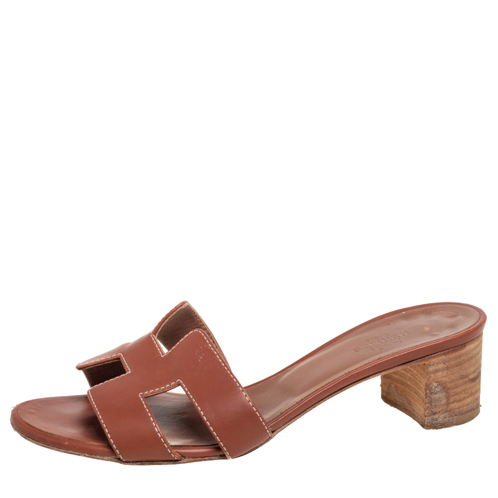 

Hermes Brown Leather Oasis Slide Sandals Size