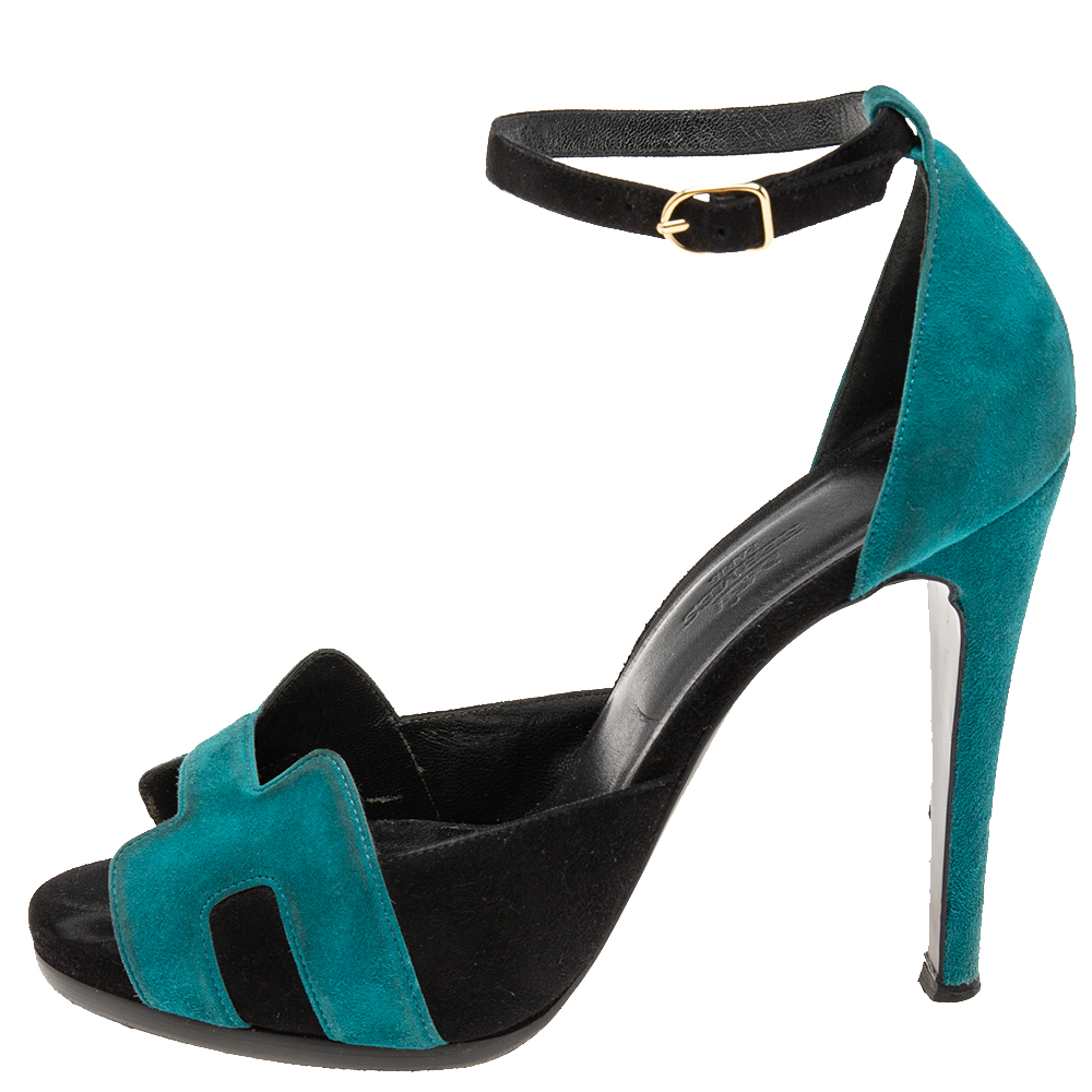 

Hermes Teal/Black Suede Premiere Ankle-Strap Sandals Size