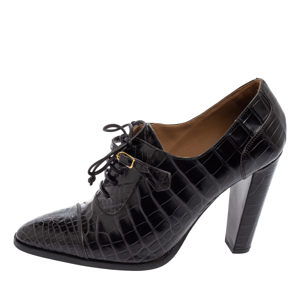

Hermes Black Croc Embossed Leather Lace-Up Oxford Ankle Booties Size