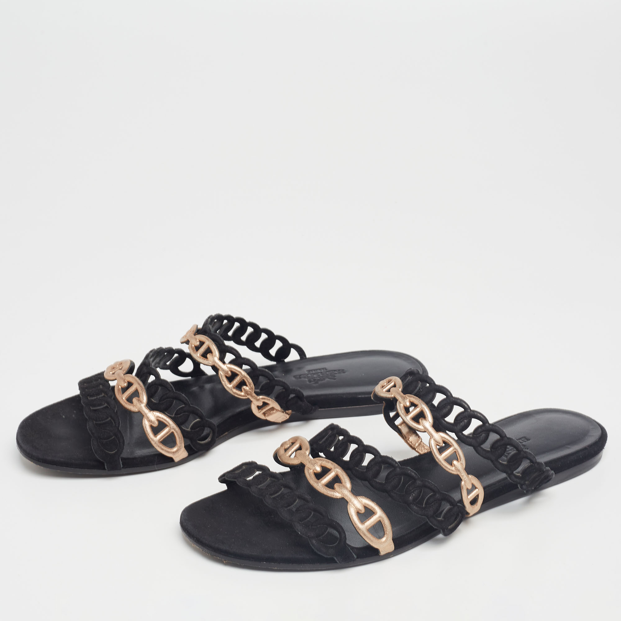 

Hermès Black/Gold Suede And Leather D'ancre Chaine Flat Sandals Size